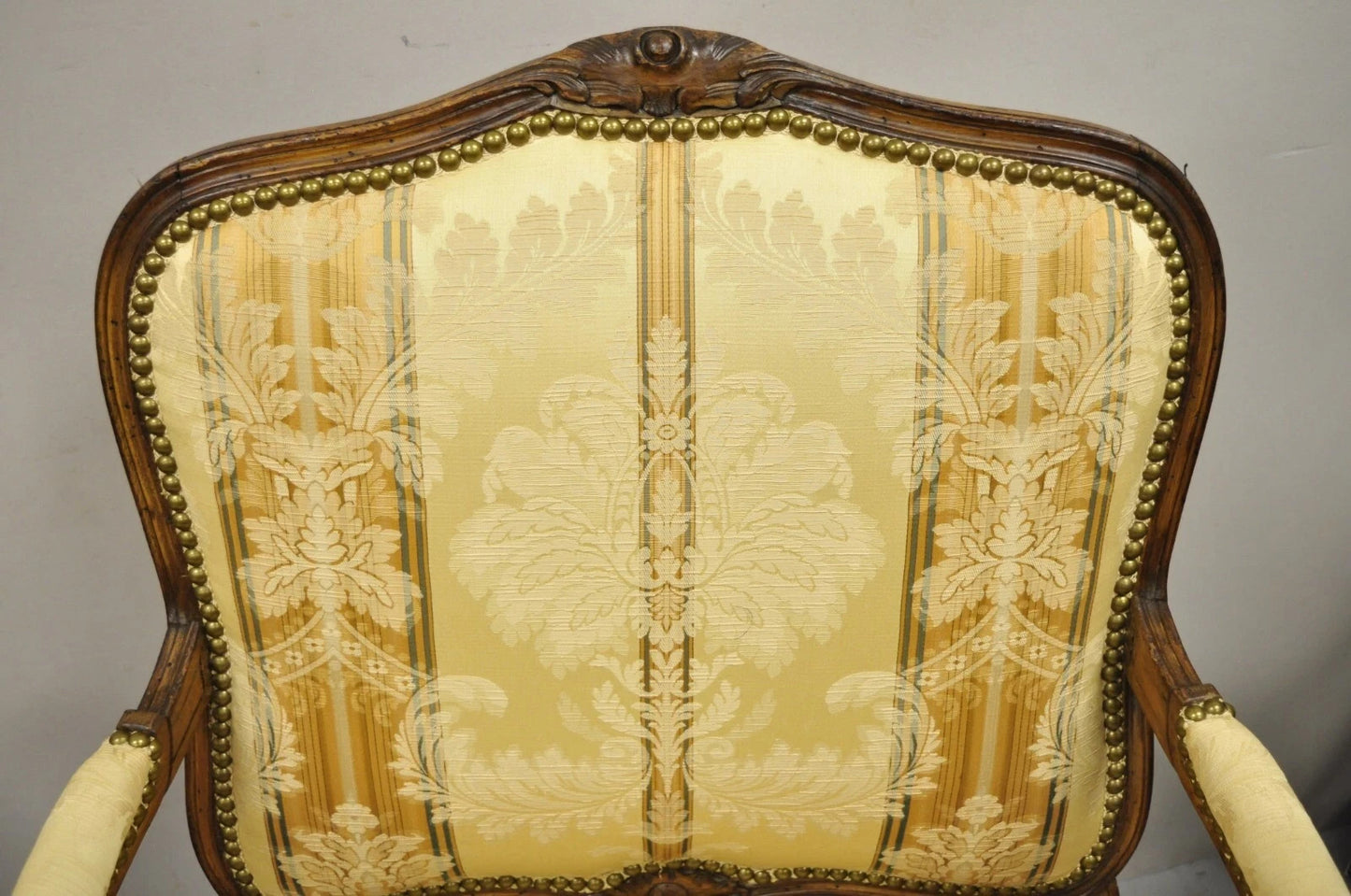 Vintage French Country Louis XV Style Carved Walnut Lounge Arm Chairs - a Pair