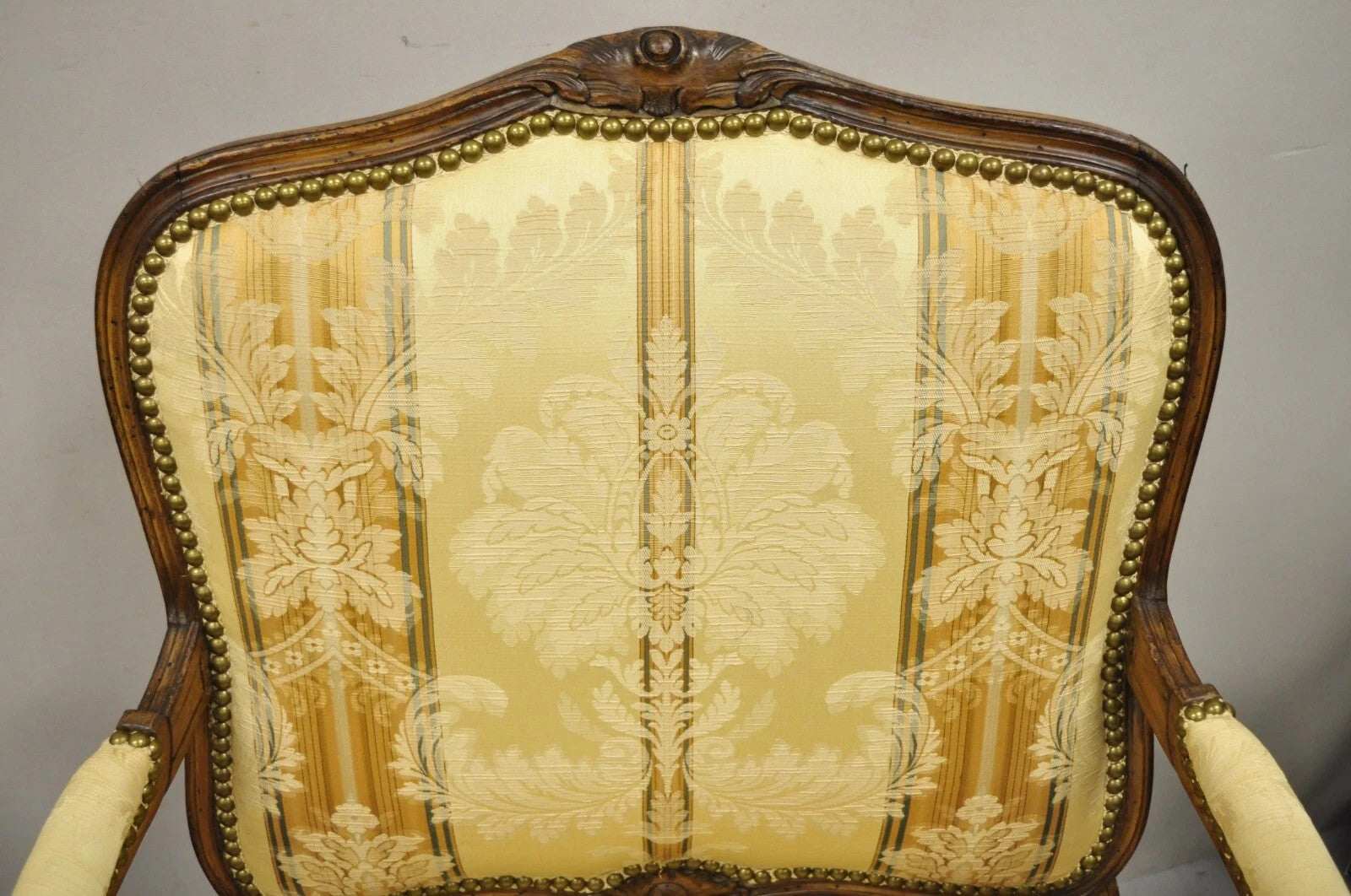Vintage French Country Louis XV Style Carved Walnut Lounge Arm Chairs - a Pair