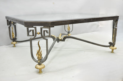 Vintage French Neoclassical Large Wrought Iron & Glass "Flame" Coffee Table