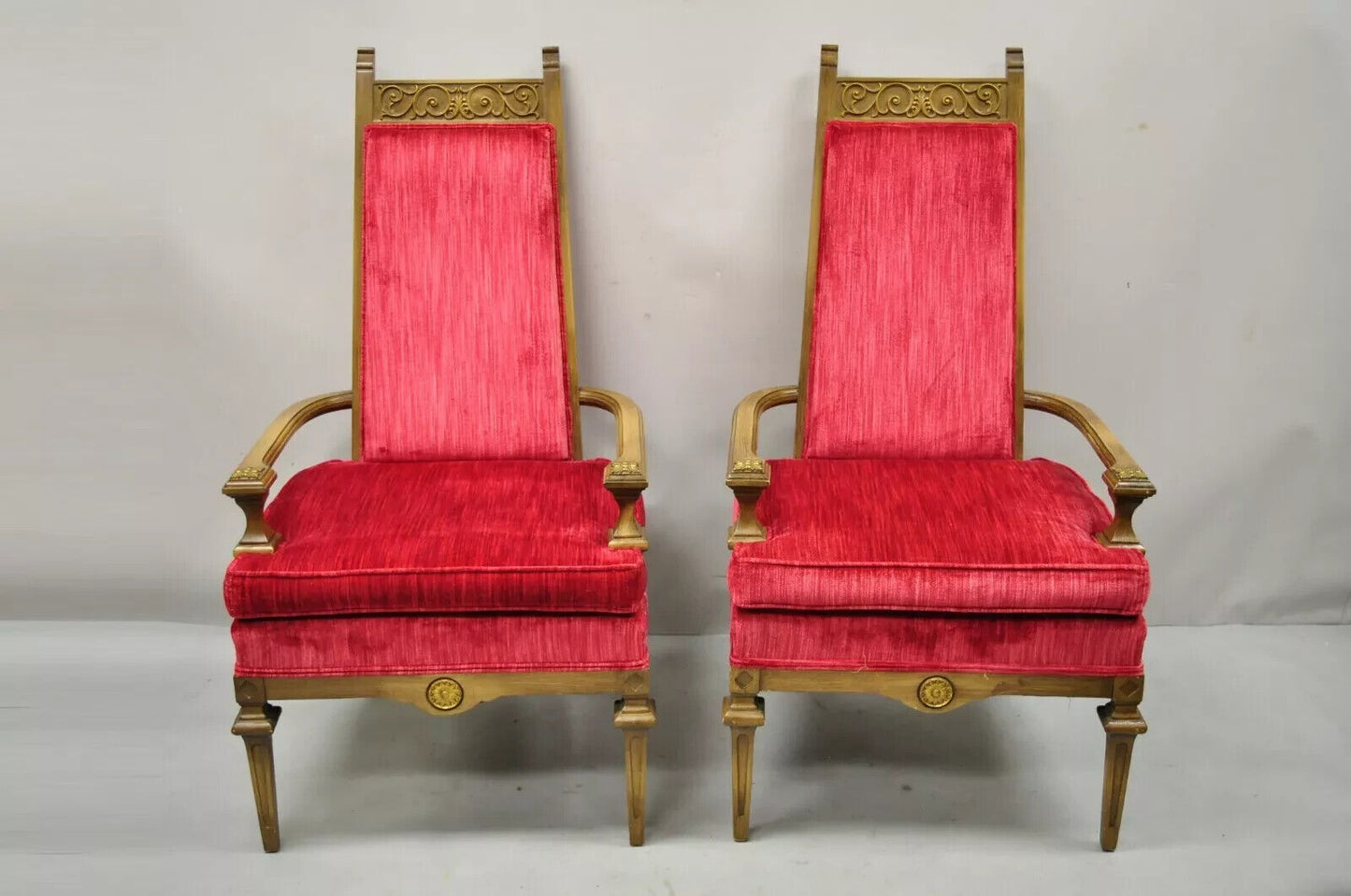 Vintage Italian Hollywood Regency Red High Back Lounge Arm Chairs - a Pair