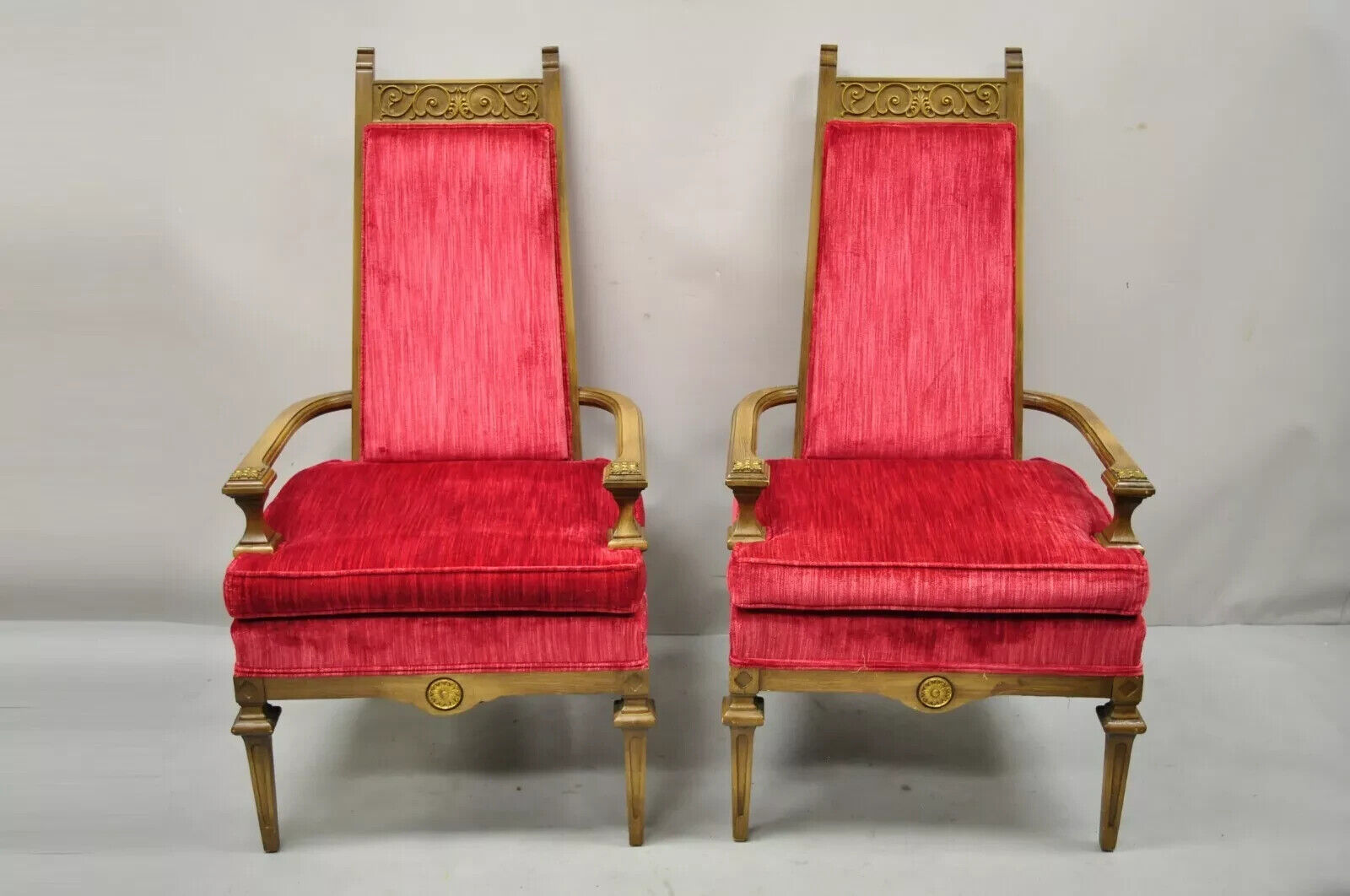 Vintage Italian Hollywood Regency Red High Back Lounge Arm Chairs - a Pair