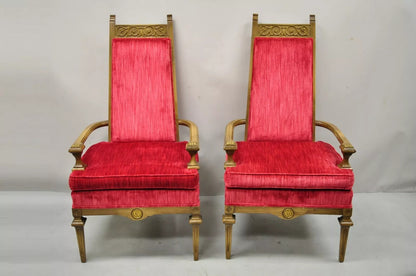 Vintage Italian Hollywood Regency Red High Back Lounge Arm Chairs - a Pair