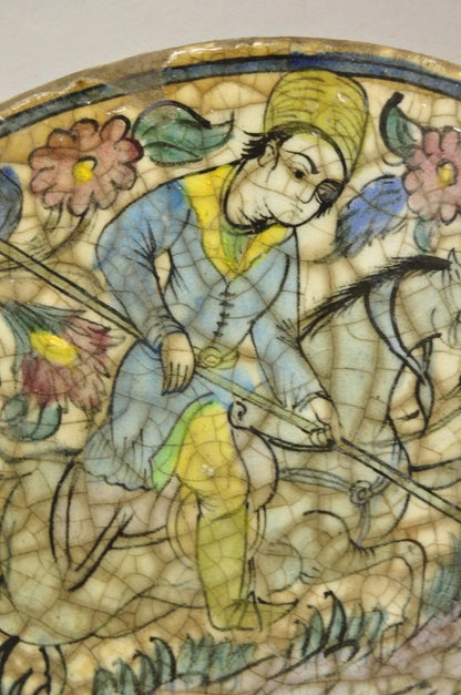 Antique Persian Iznik Qajar Style Ceramic Pottery Blue Oval Horse Rider Tile C3