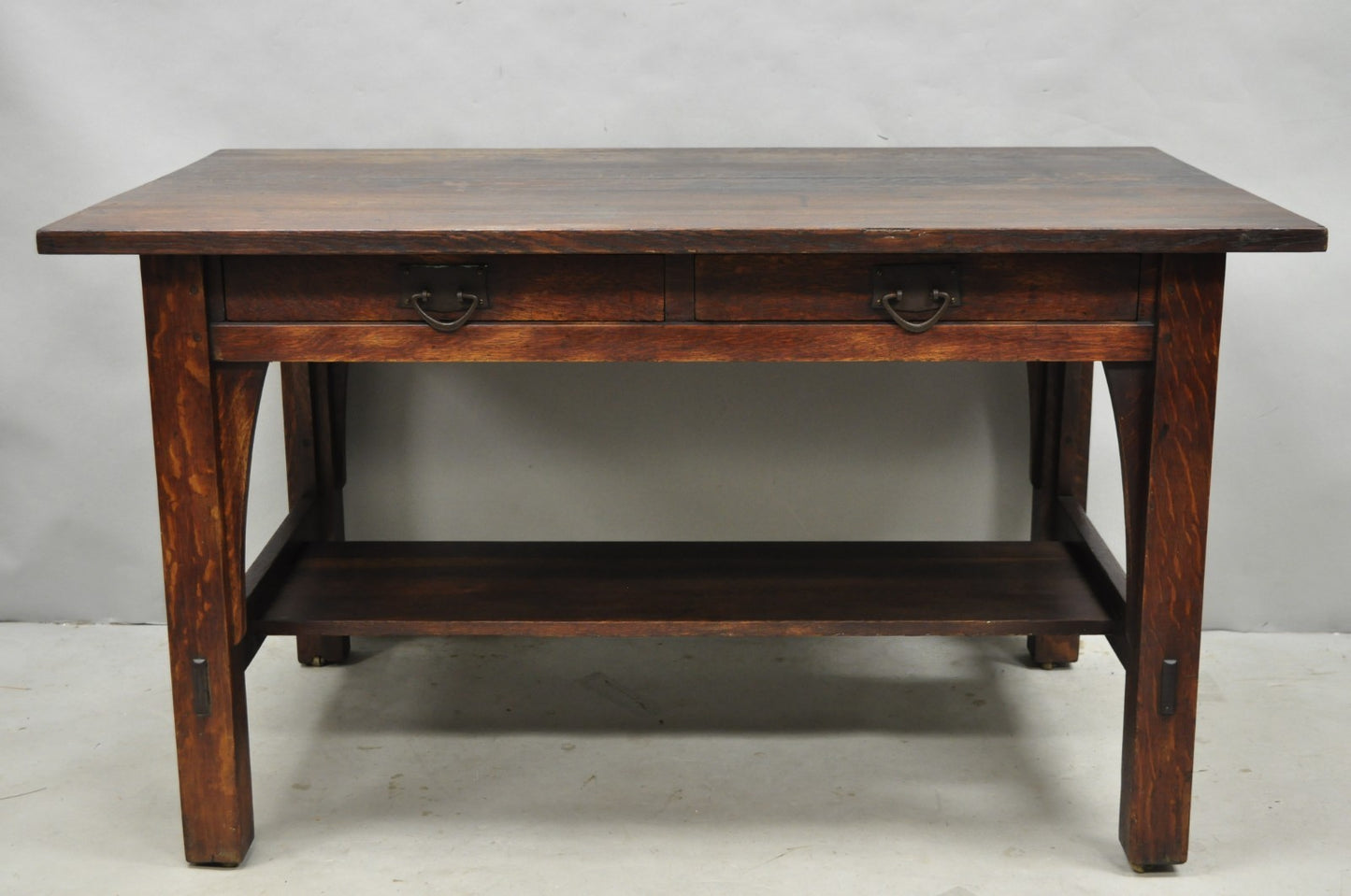 Antique Gustav Stickley Arts & Crafts Mission Oak Two Drawer Library Table Desk
