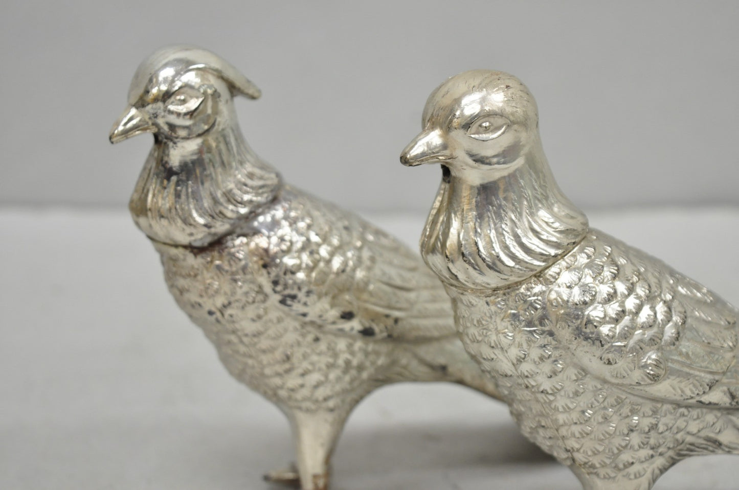 Vintage Mid Century Modern Silver Plated Pheasant Peacock Bird Figurines - Pair