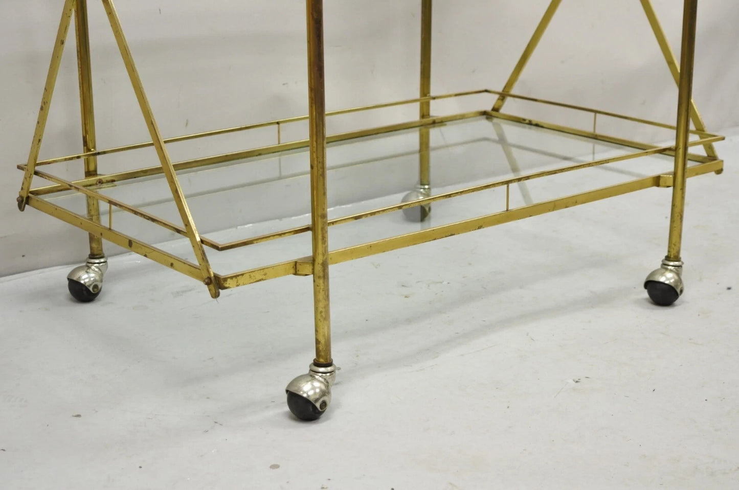 Mid Century Italian Modern 3 Tier Brass & Glass X-Frame Rolling Bar Cart Table