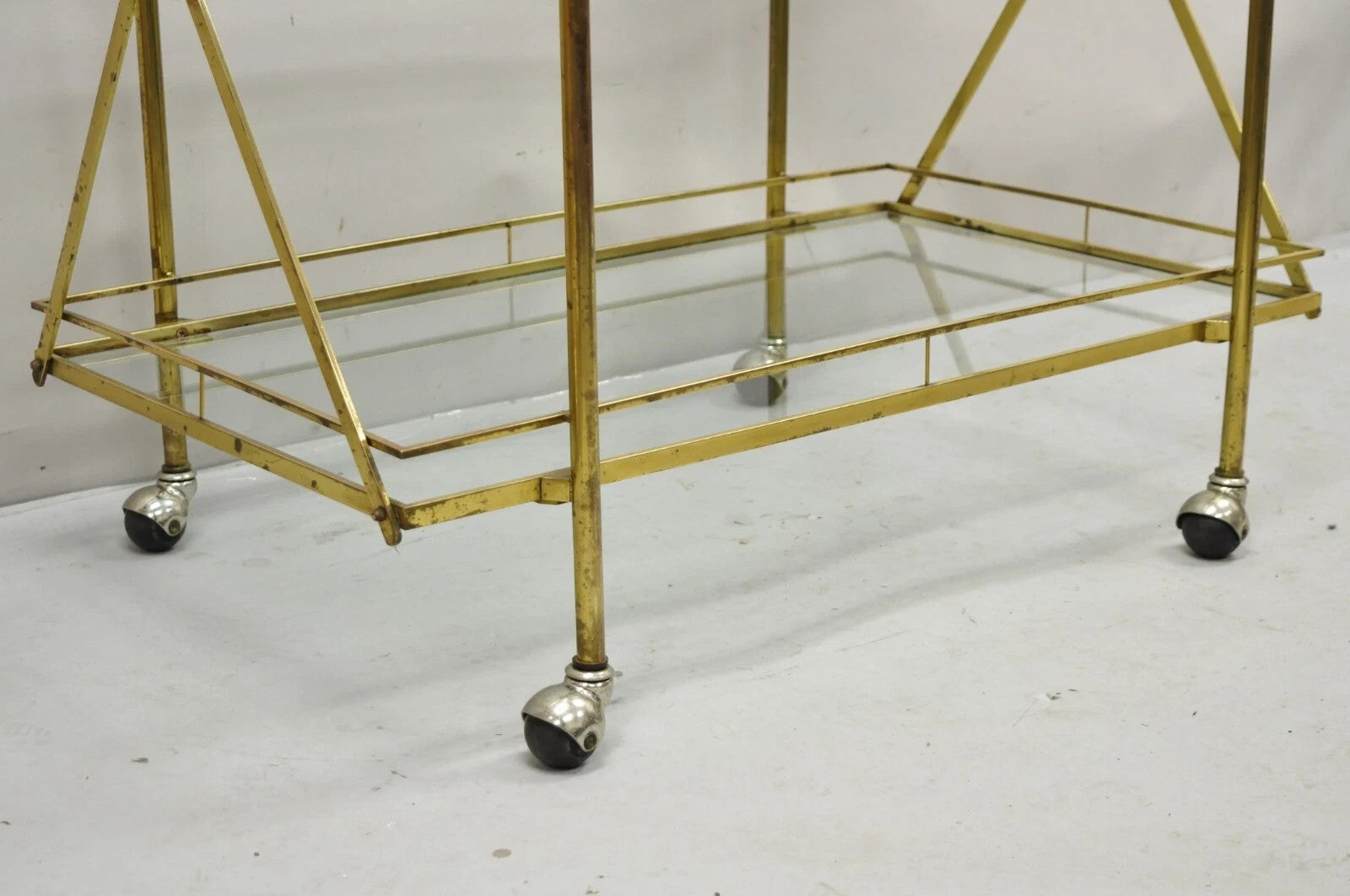Mid Century Italian Modern 3 Tier Brass & Glass X-Frame Rolling Bar Cart Table