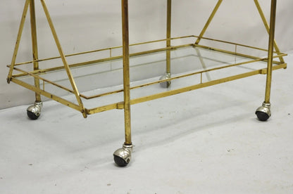 Mid Century Italian Modern 3 Tier Brass & Glass X-Frame Rolling Bar Cart Table