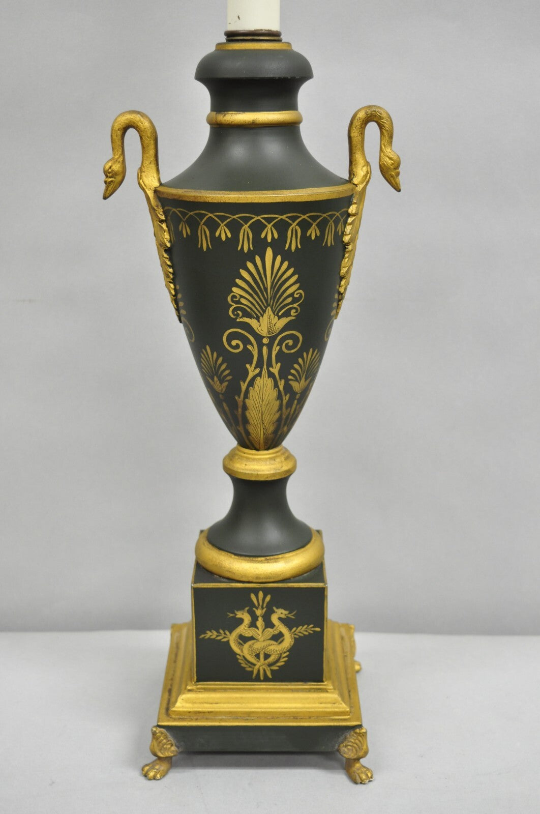 Vintage French Empire Green Tole Metal Gold Swan Painted Urn Table Lamp