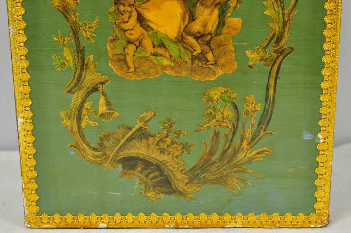Vintage Italian Venetian Decoupage Green Gold Papier Mache Wastebasket Trash Can