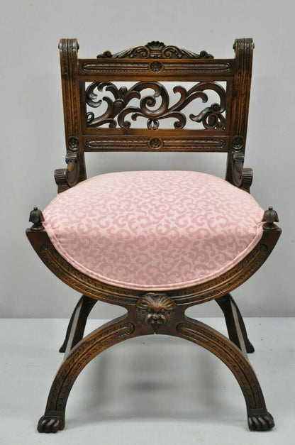 Antique Italian Renaissance Carved Walnut Northwind Face Curule Side Chair