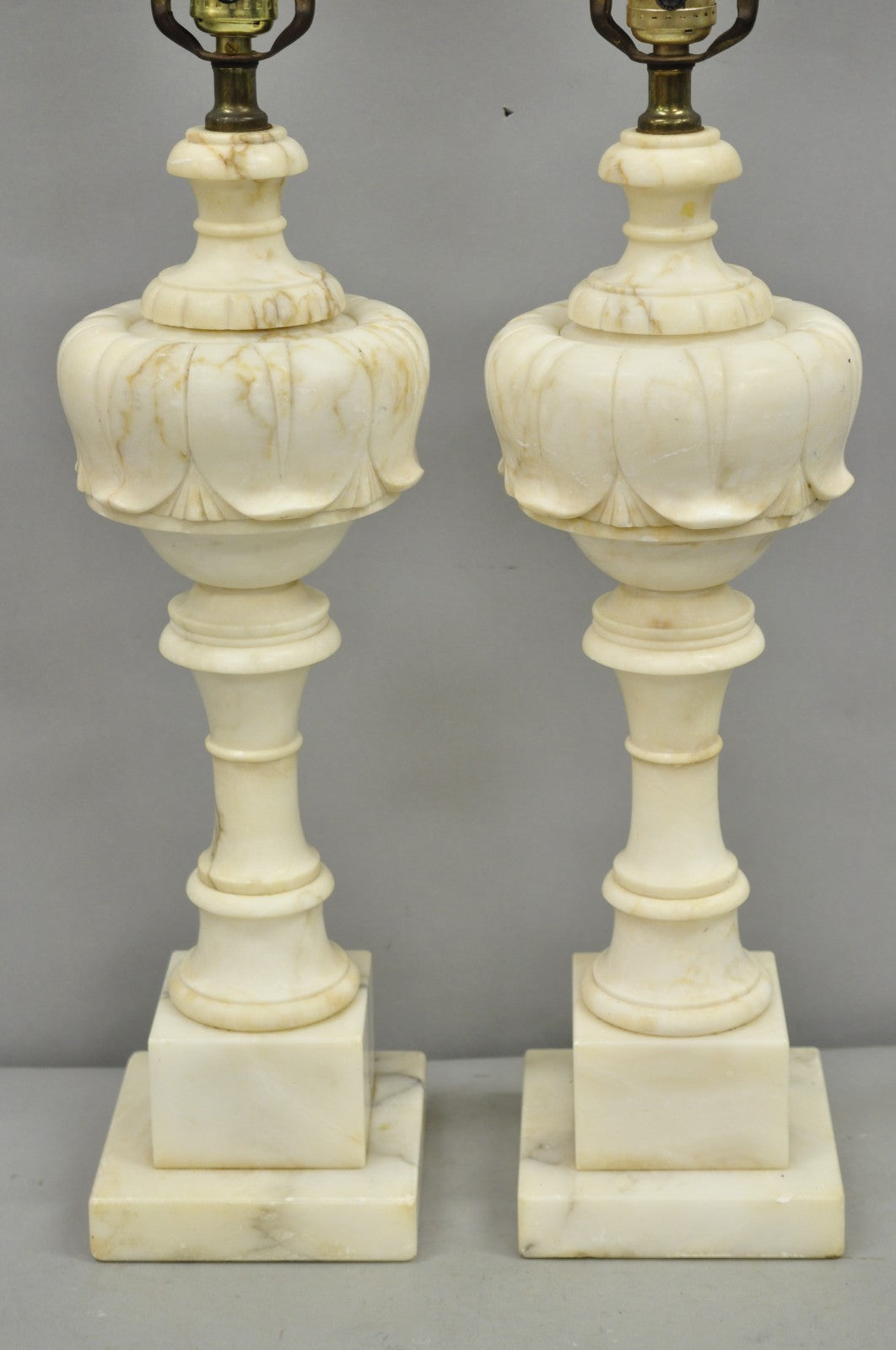 Antique French Empire Carved Italian White Marble Victorian Table Lamps - a Pair