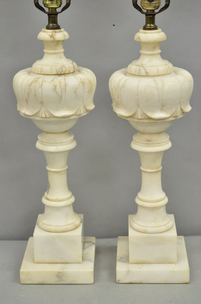 Antique French Empire Carved Italian White Marble Victorian Table Lamps - a Pair