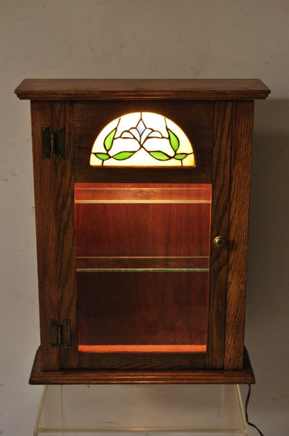 Vintage Victorian Style Oak Wood & Stained Glass Small Display Curio Cabinet