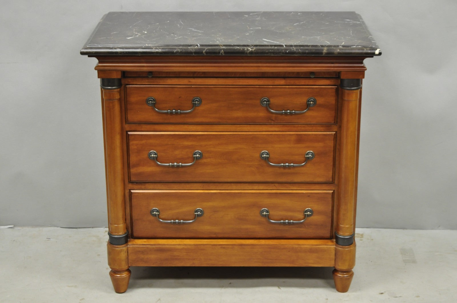 Kincaid French Country Cherry Wood 3 Drawer Marble Top Nightstand Bedside Table