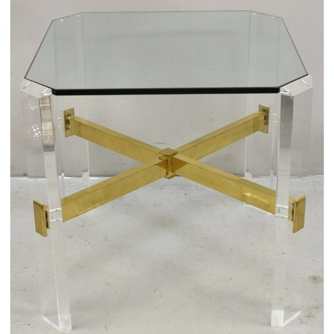 Vintage Mid Century Modern Lucite & Glass Brass Stretcher Occasional Side Table