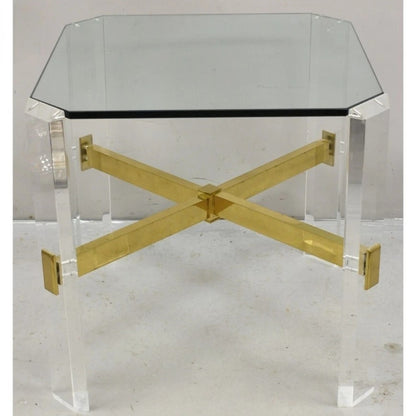 Vintage Mid Century Modern Lucite & Glass Brass Stretcher Occasional Side Table