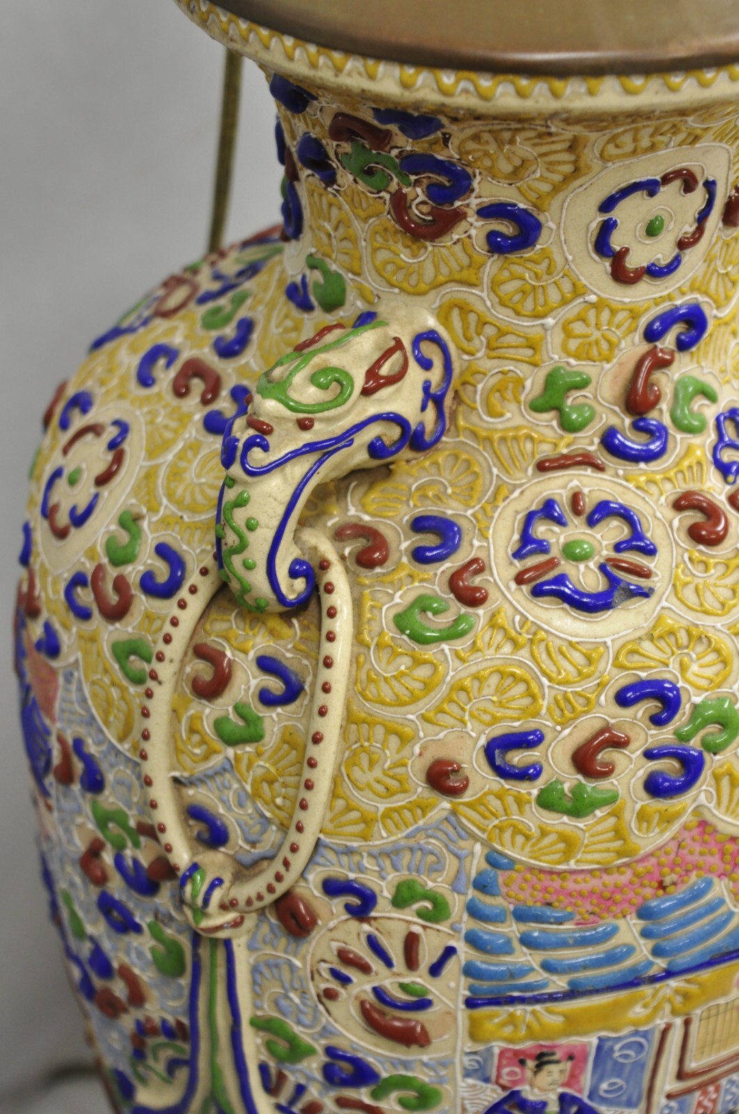 Antique Chinese Porcelain Painted Applied Scene Satsuma Vase Table Lamps - Pair