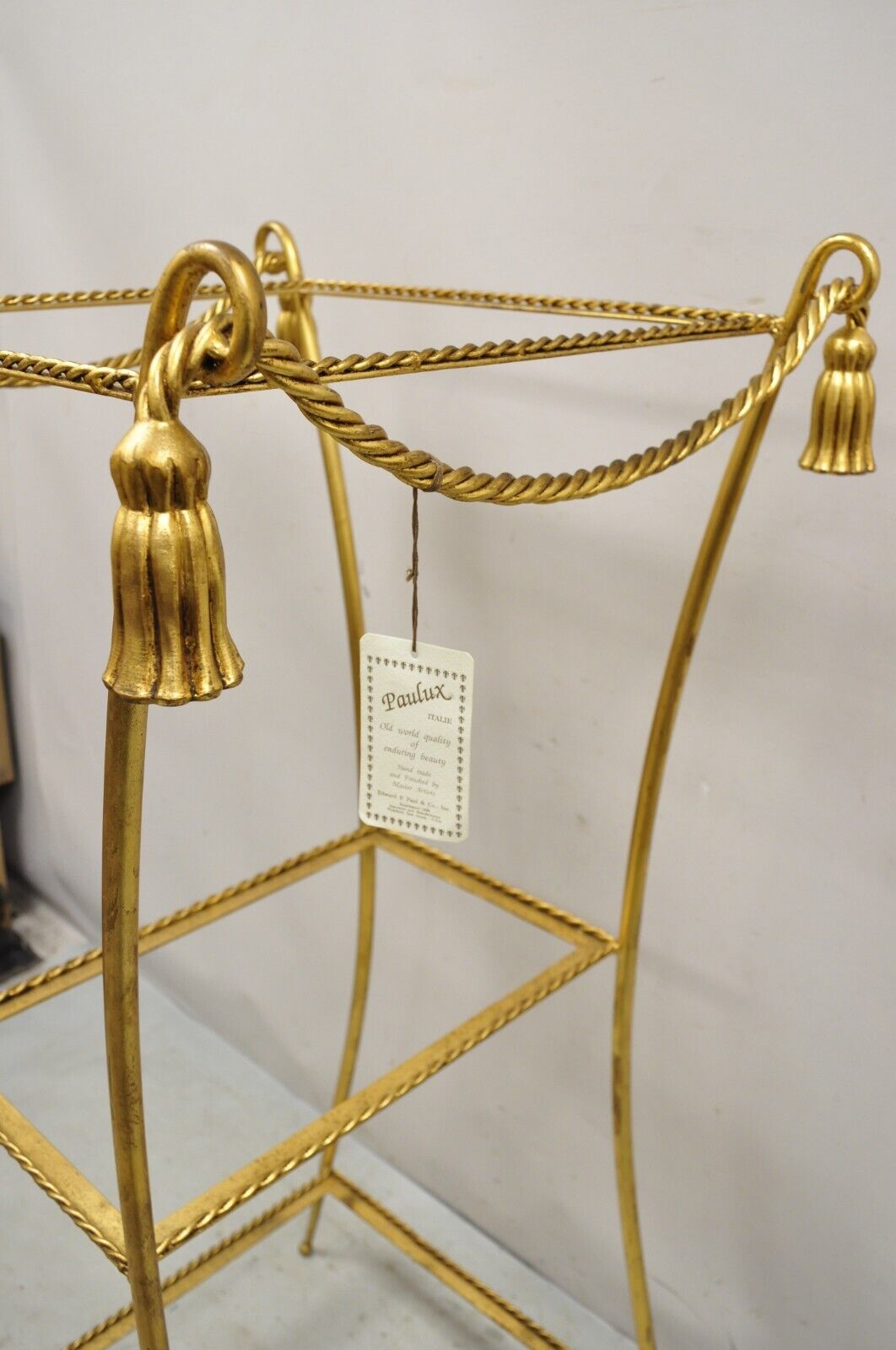 Italian Hollywood Regency Iron Rope Tassel Gold 3 Tier Display Stand Pedestal
