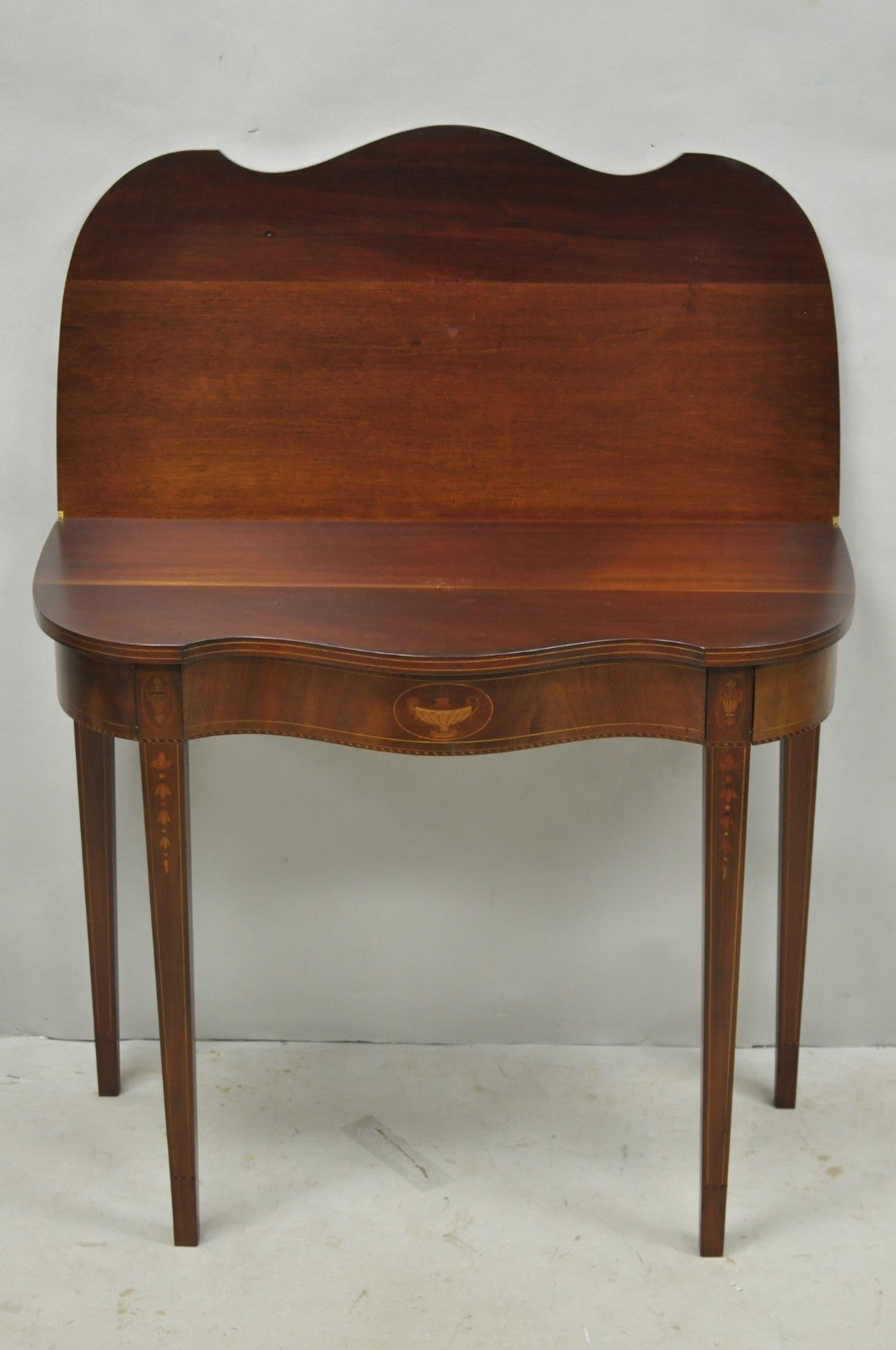 Antique Sheraton Federal Mahogany Urn Inlay Flip Serpentine Console Game Table