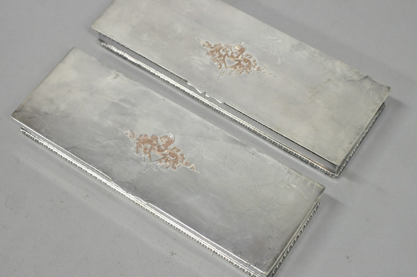 Vintage English Regency Silver Plated Narrow Vanity Dresser Jewelry Box - a Pair
