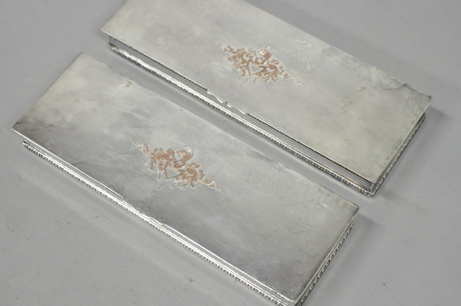 Vintage English Regency Silver Plated Narrow Vanity Dresser Jewelry Box - a Pair