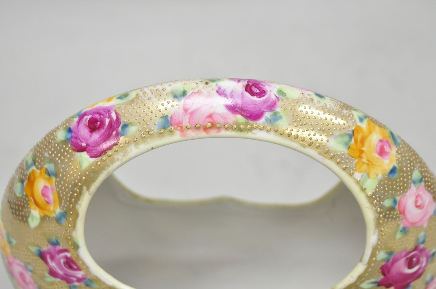 Antique Japanese Nippon Hand Painted Porcelain Gold Gilt Handle Moon Basket Vase