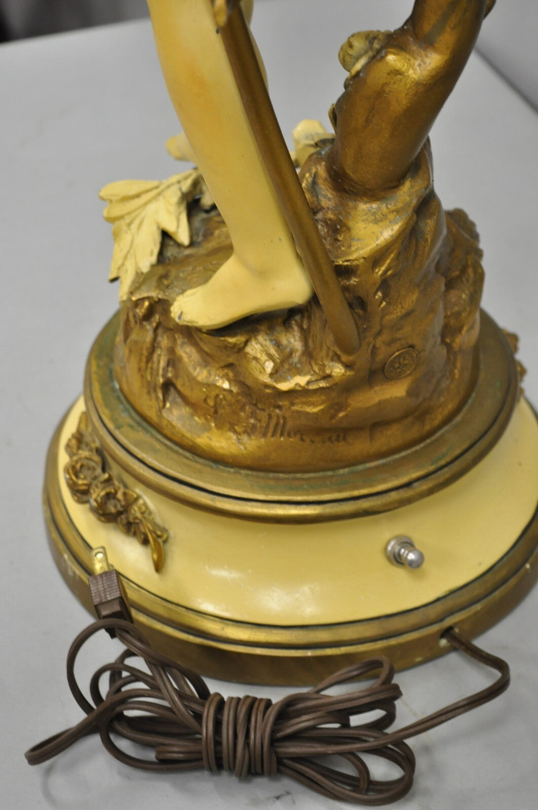 Vintage French L&F Moreau Figural Gold Painted Metal Boy Torchiere Table Lamp