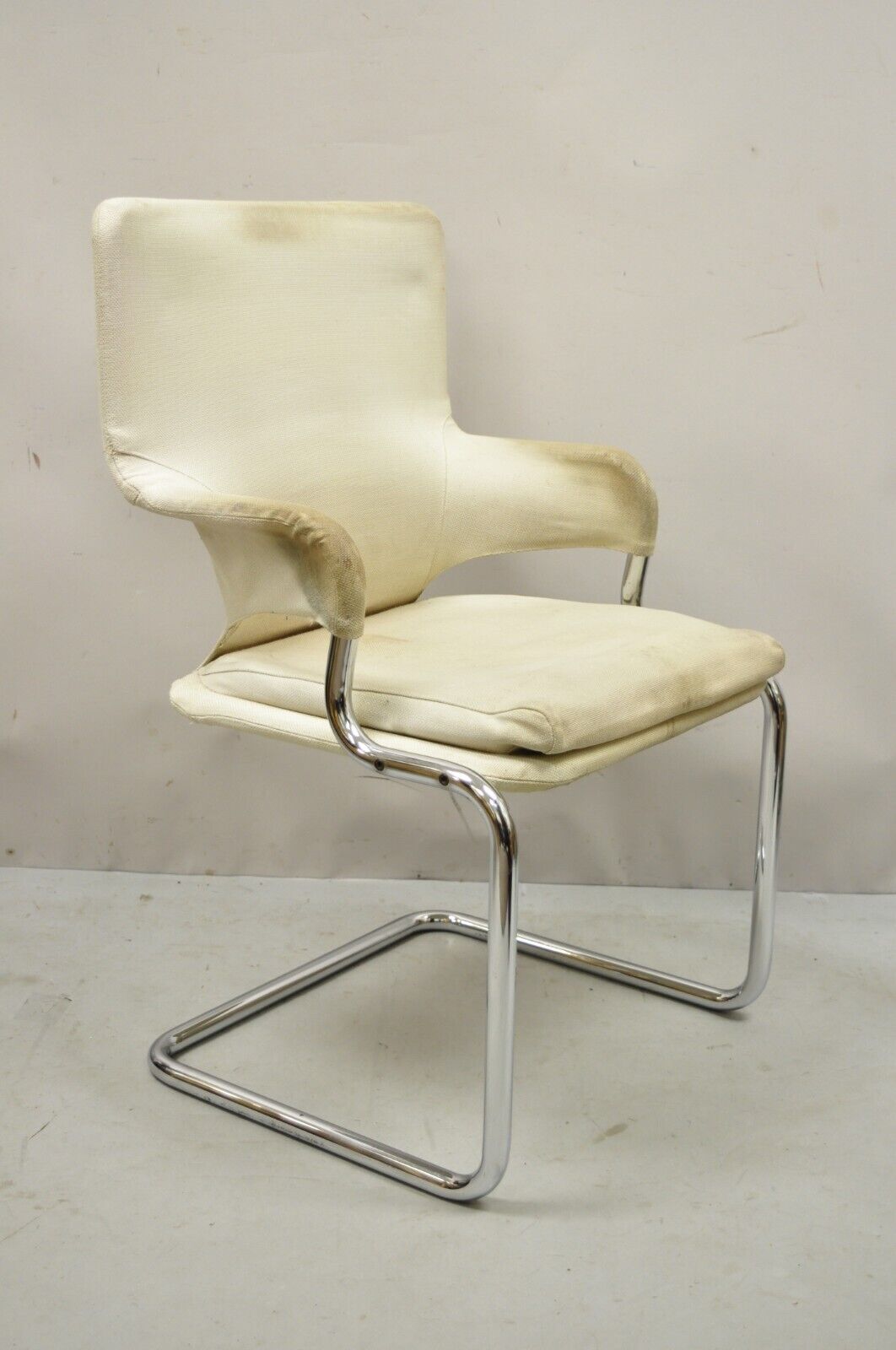 Vintage Mid Century Modern Tubular Chrome Arm Chair with Burlap Seat