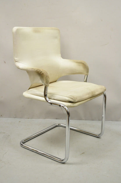 Vintage Mid Century Modern Tubular Chrome Arm Chair with Burlap Seat