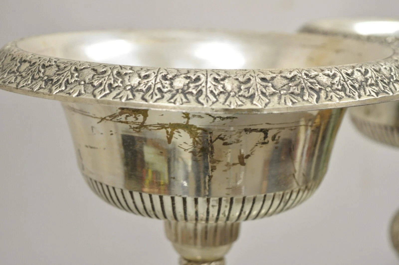 French Renaissance Silver Plated Tall Ornate Compote Centerpiece Dish Bowl Pair