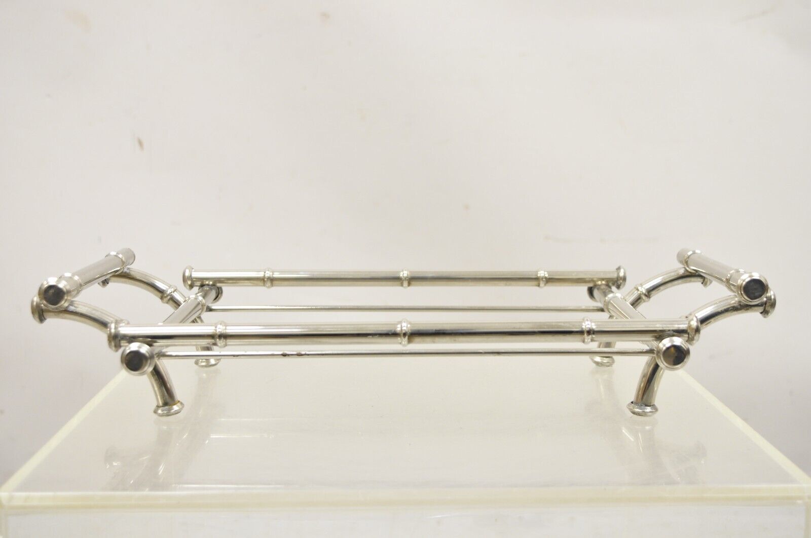 Vtg Italian Hollywood Regency Faux Bamboo Silver Plated Serving Platter Stand