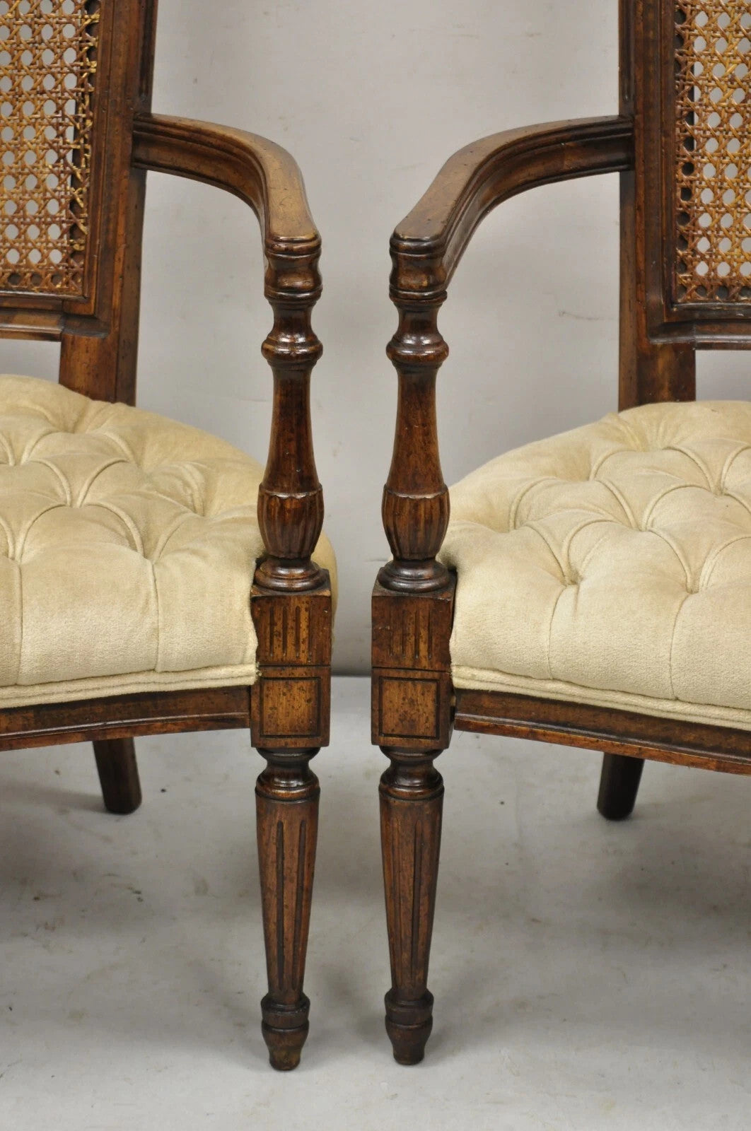 Vintage Hollywood Regency Tall Cane Back Fireside Lounge Armchairs - a Pair