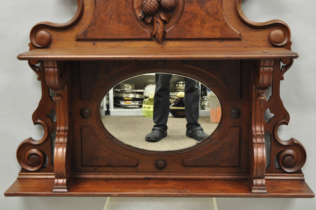Antique Eastlake Victorian Carved Walnut Oval Mirror Sideboard Backsplash Shelf