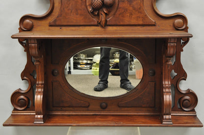 Antique Eastlake Victorian Carved Walnut Oval Mirror Sideboard Backsplash Shelf