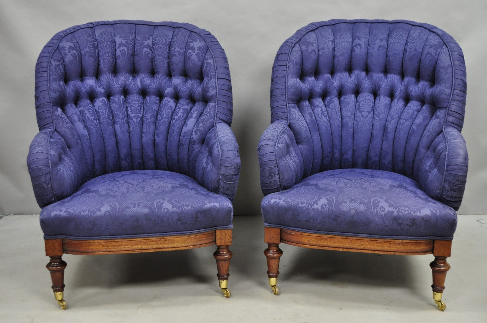 Vintage English Napoleon III Style Blue Button Tufted Fan Back Club Chairs, Pair