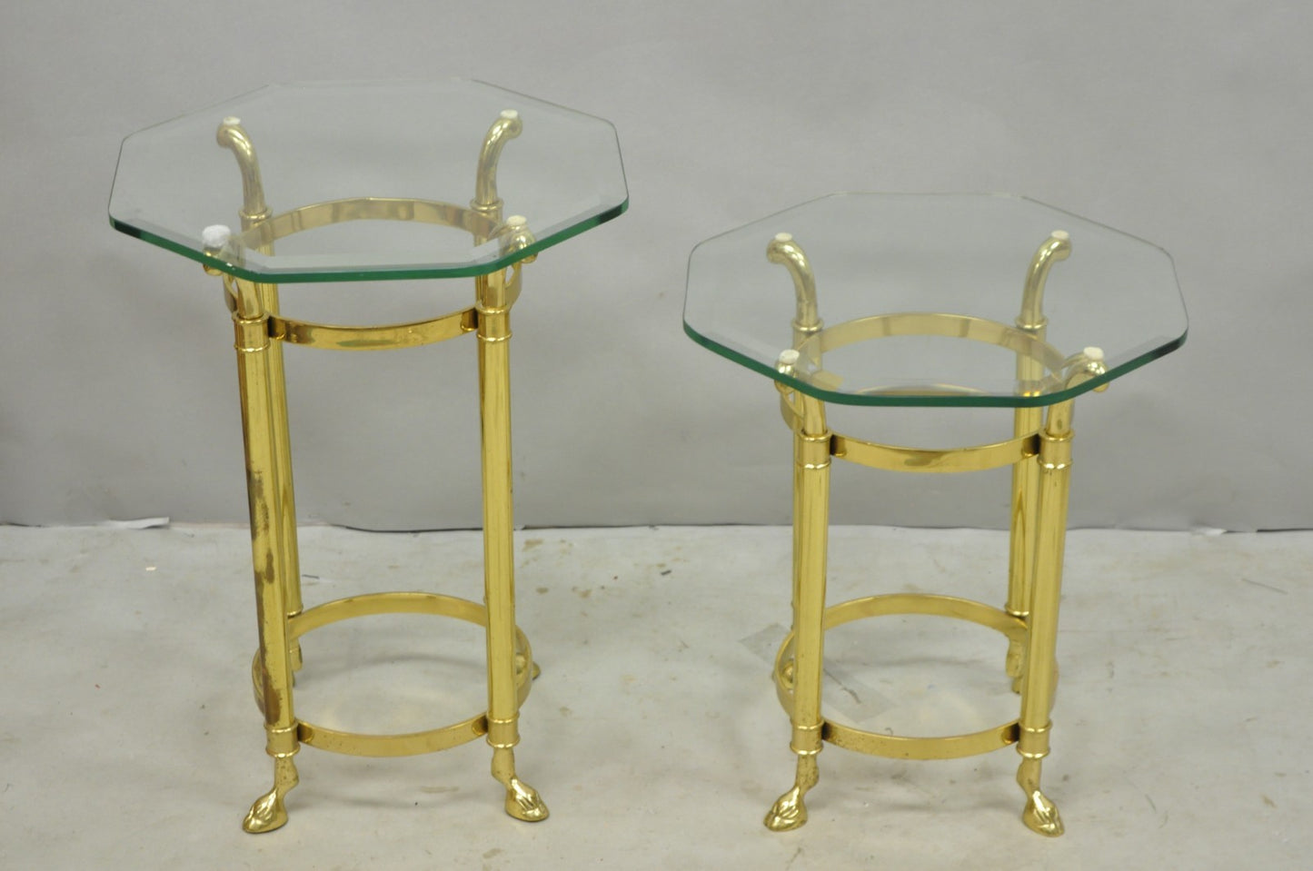 Vintage Hollywood Regency Brass Hoof Foot Glass Top Graduating Side Table - Pair