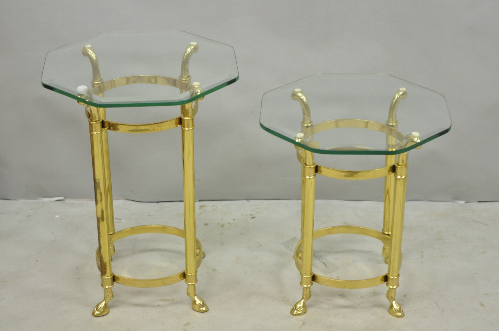 Vintage Hollywood Regency Brass Hoof Foot Glass Top Graduating Side Table - Pair