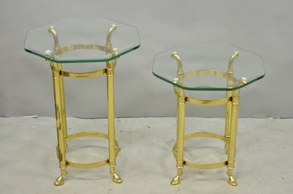 Vintage Hollywood Regency Brass Hoof Foot Glass Top Graduating Side Table - Pair