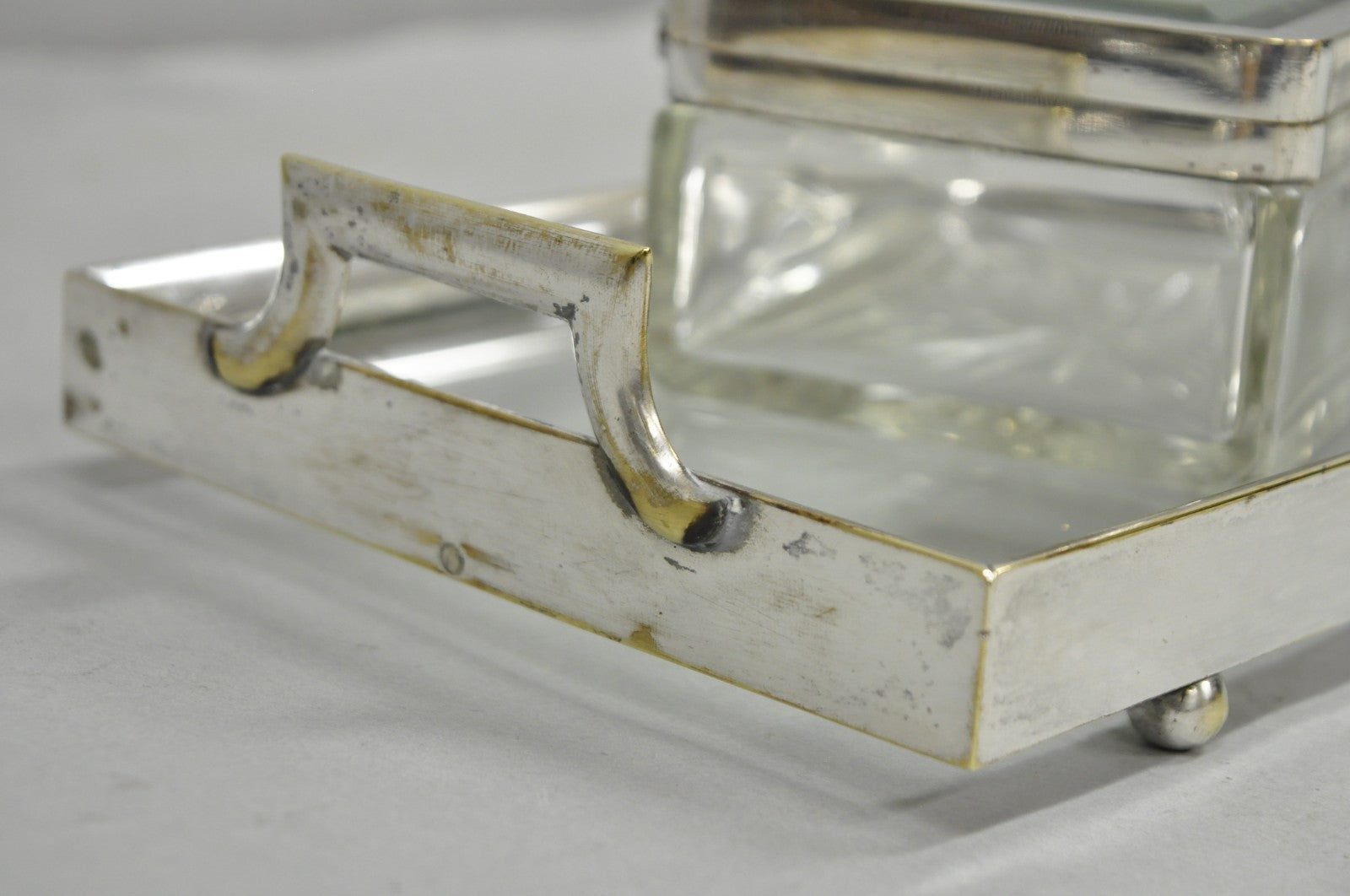 Art Deco Austrian Silver Plated Cut Glass Casket Trinket Box Set w/ Tray - 3 Pcs