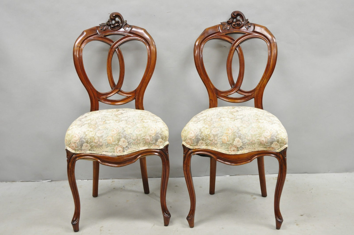 Antique Victorian Mahogany Pretzel Balloon Back Parlor Side Chairs - a Pair
