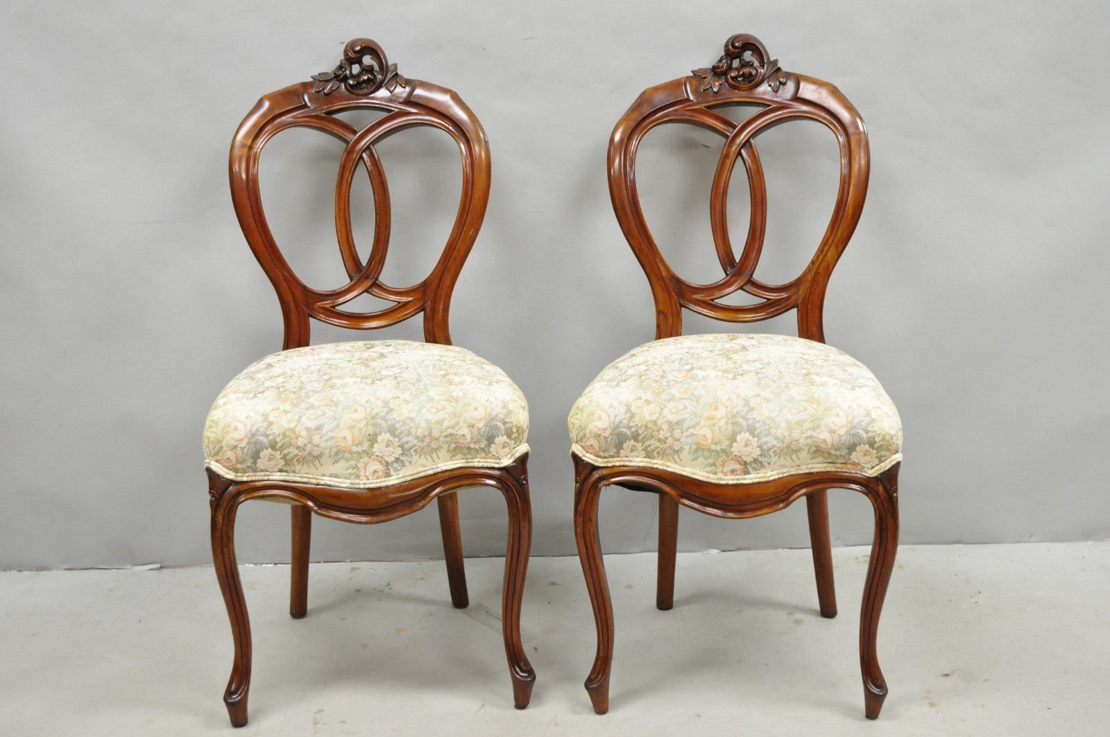 Antique Victorian Mahogany Pretzel Balloon Back Parlor Side Chairs - a Pair