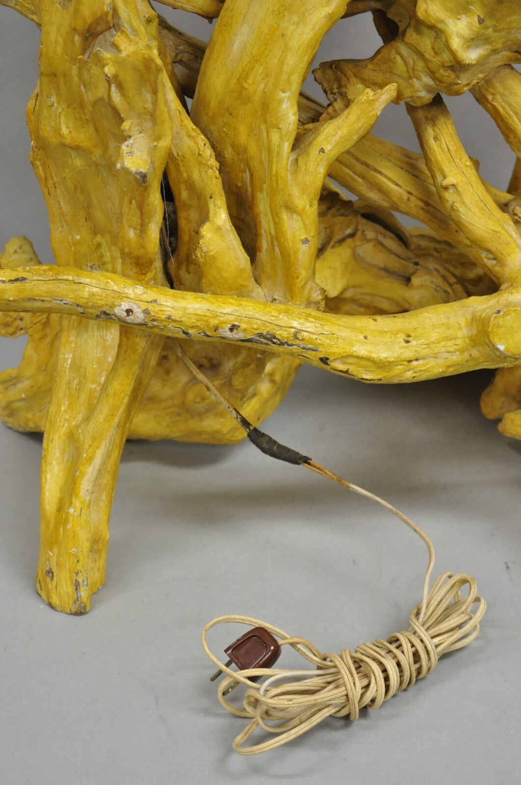 Vintage Mid Century Modern Large Driftwood Yellow Painted Tiki Room Table Lamp