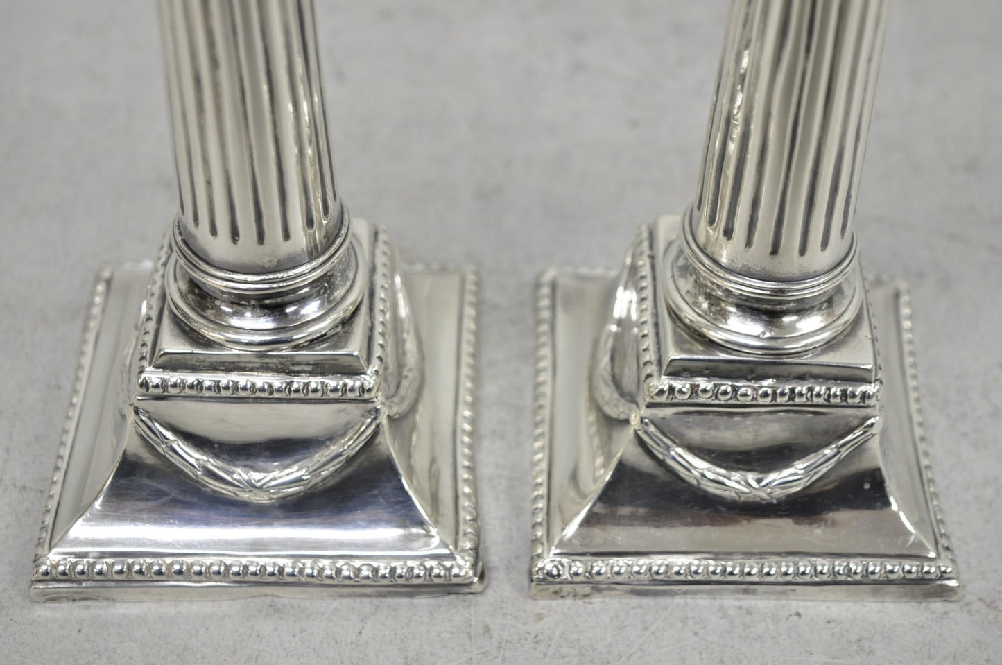 Vintage English Regency Silver Plated Classical Column Small Candlesticks - Pair