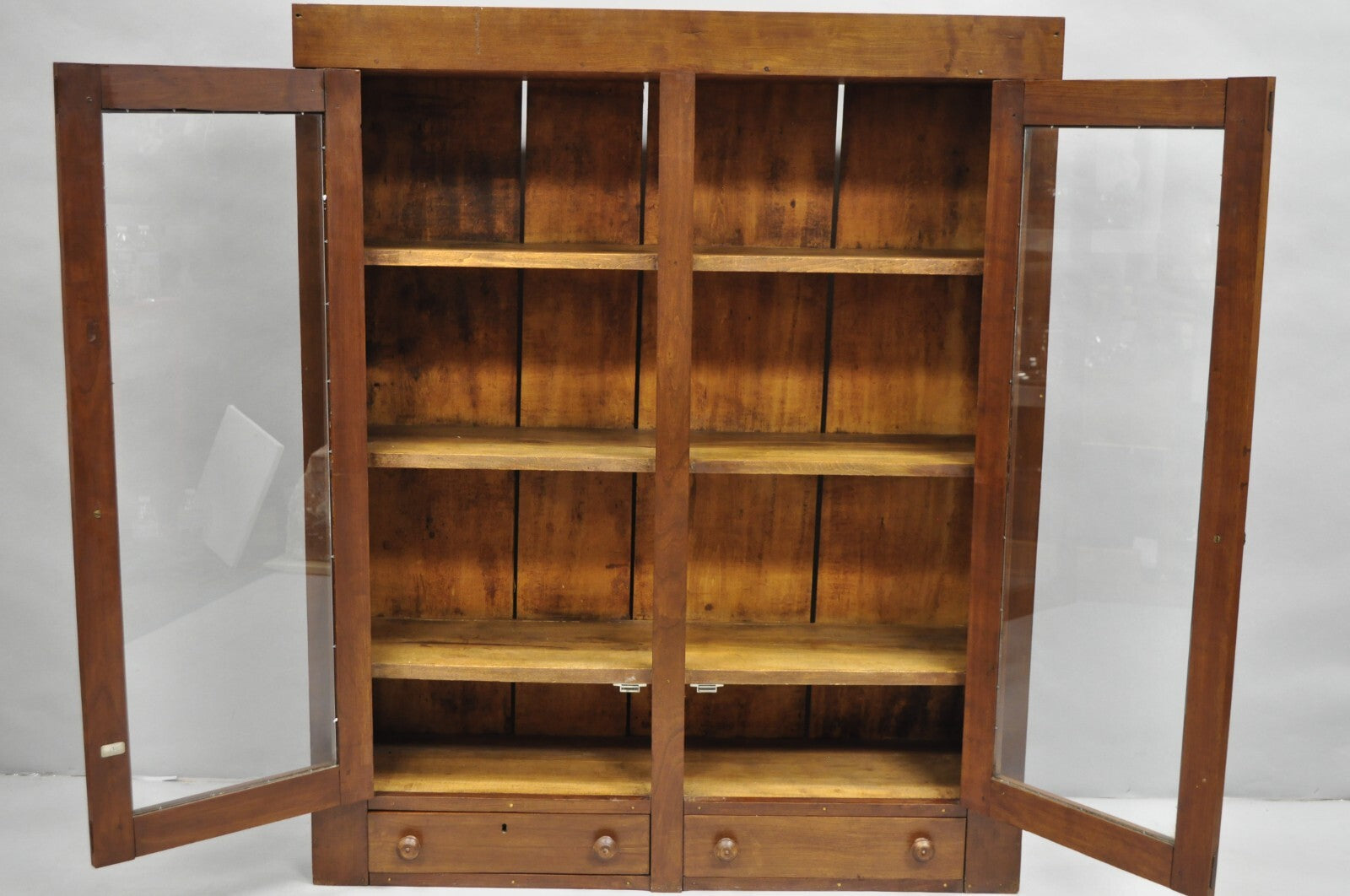 Antique American Primitive Colonial Cherry Wood 2 Door Hutch Cupboard Cabinet