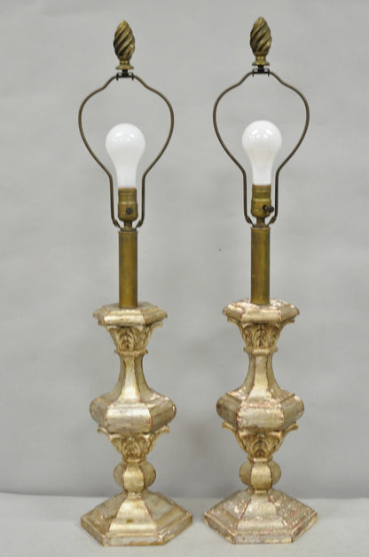 Italian Hollywood Regency Silver Carved Giltwood Candlestick Table Lamps a Pair