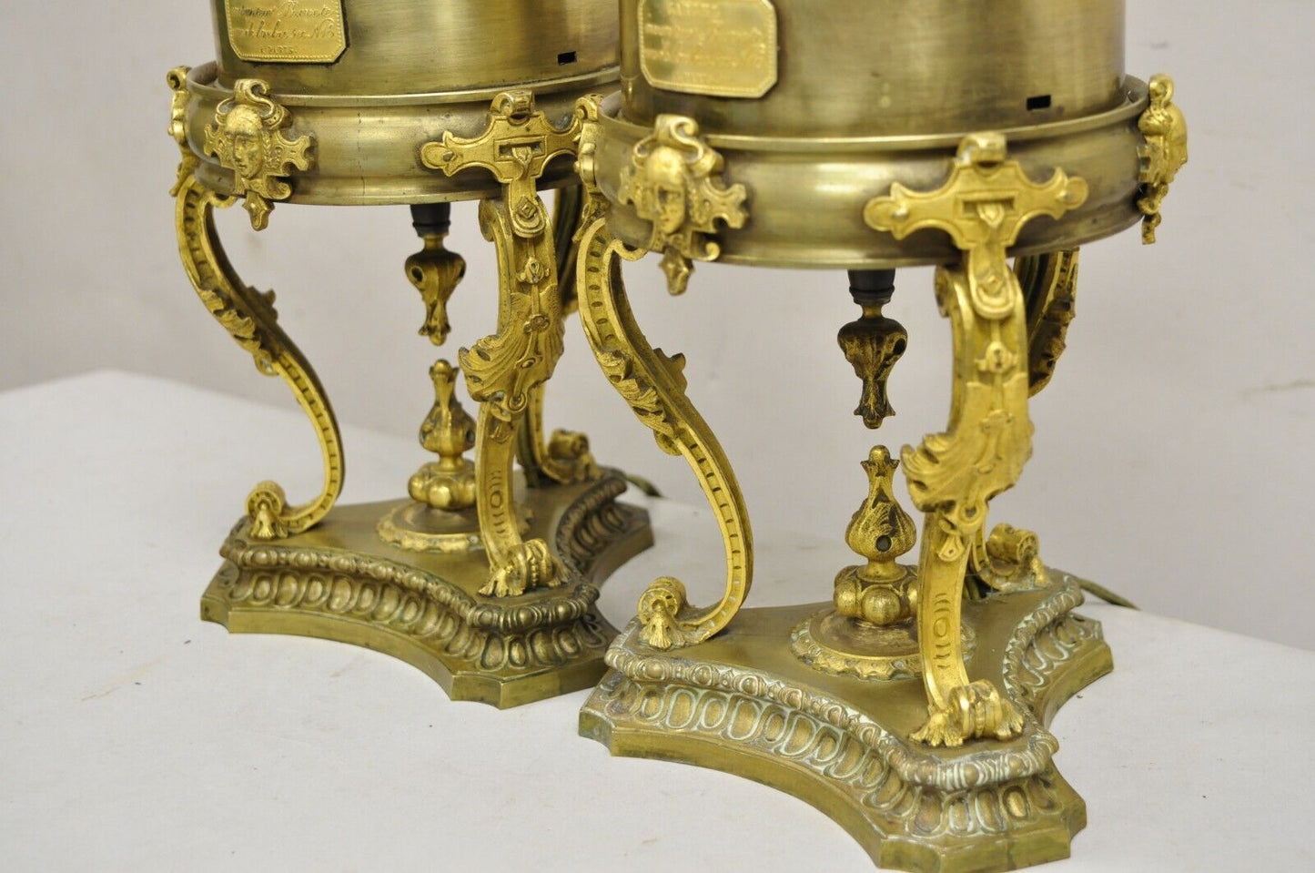 Antique Carcel Paris French Renaissance Gold Gilt Bronze Oil Table Lamp - a Pair