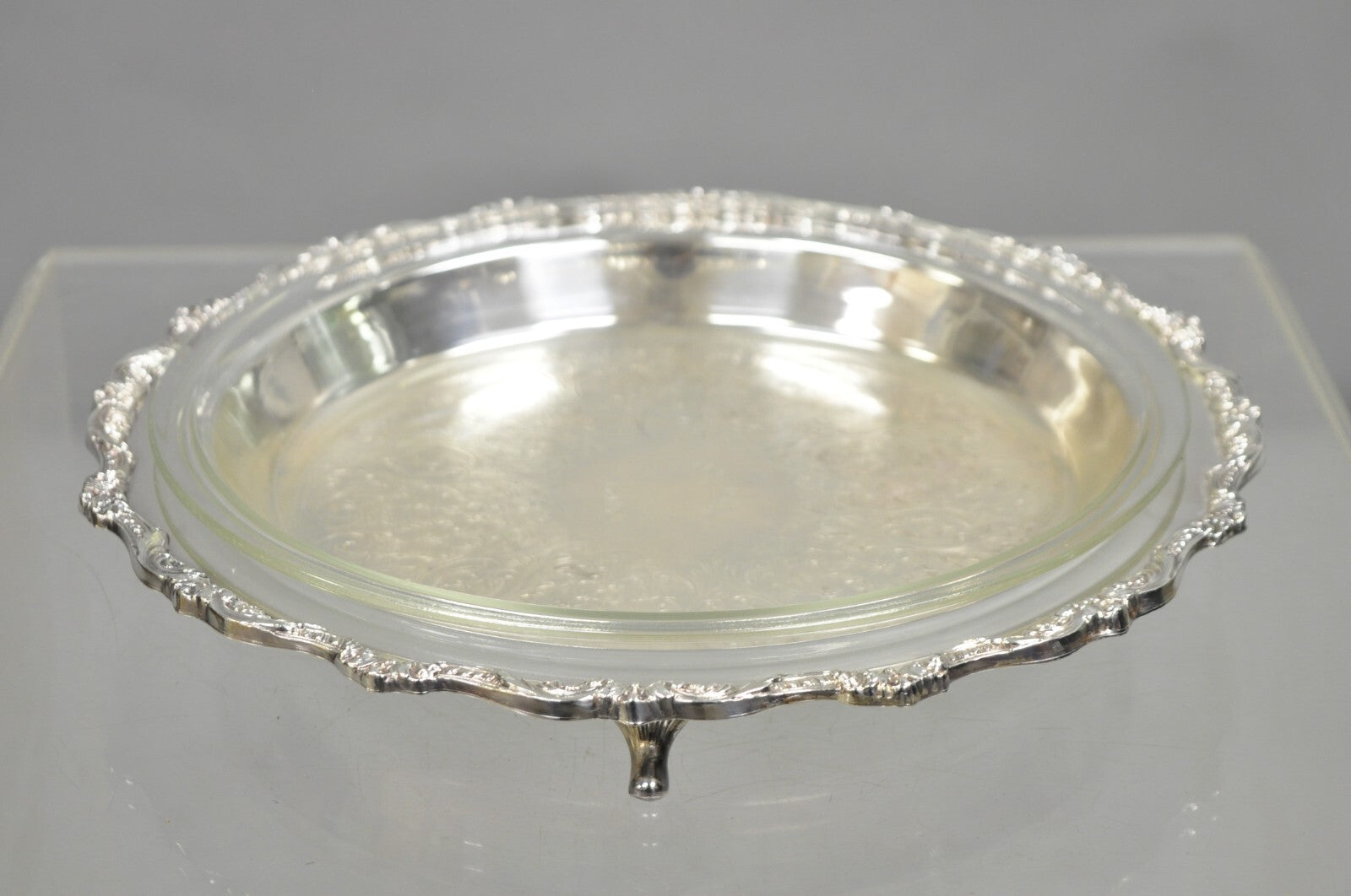 Old English by Poole 5017 Round 12" Silver Plated Platter Dish w/ Glass Insert
