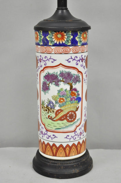 Vintage Chinoiserie Japanese Porcelain Cylinder Oriental Painted Table Lamp