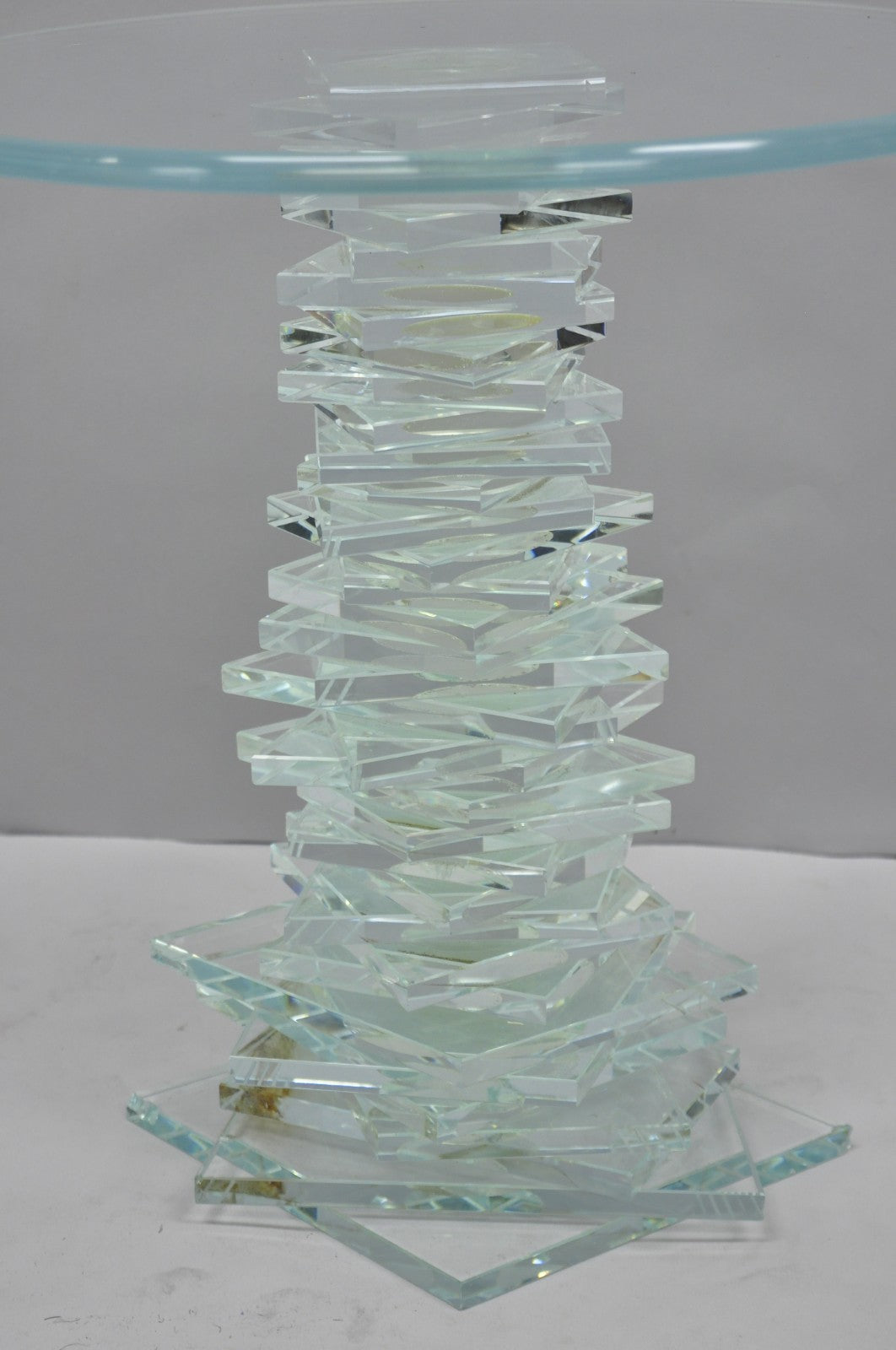 Vintage Mid Century Modern Stacked Glass Skyscraper Round Accent Side Table